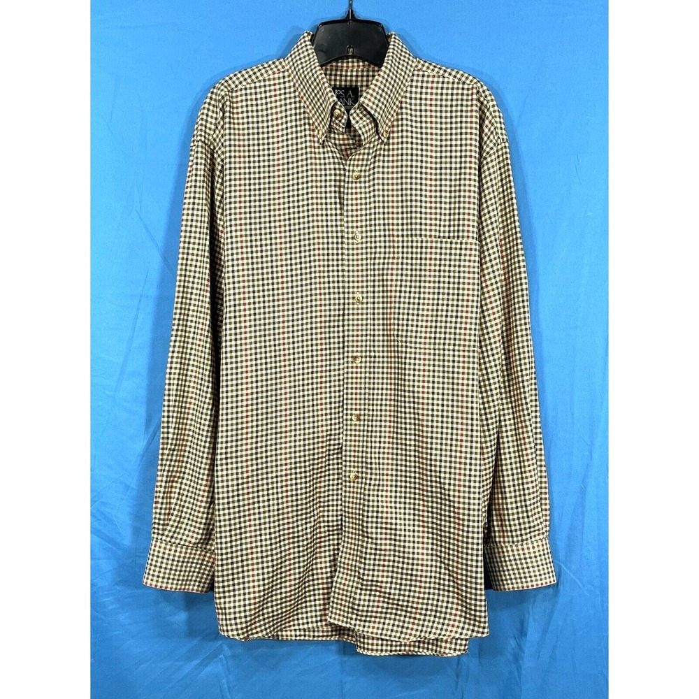 JOS A BANK Traveler's Collection BROWN/MULTI Check Plaid TWILL Button-Up SHIRT L